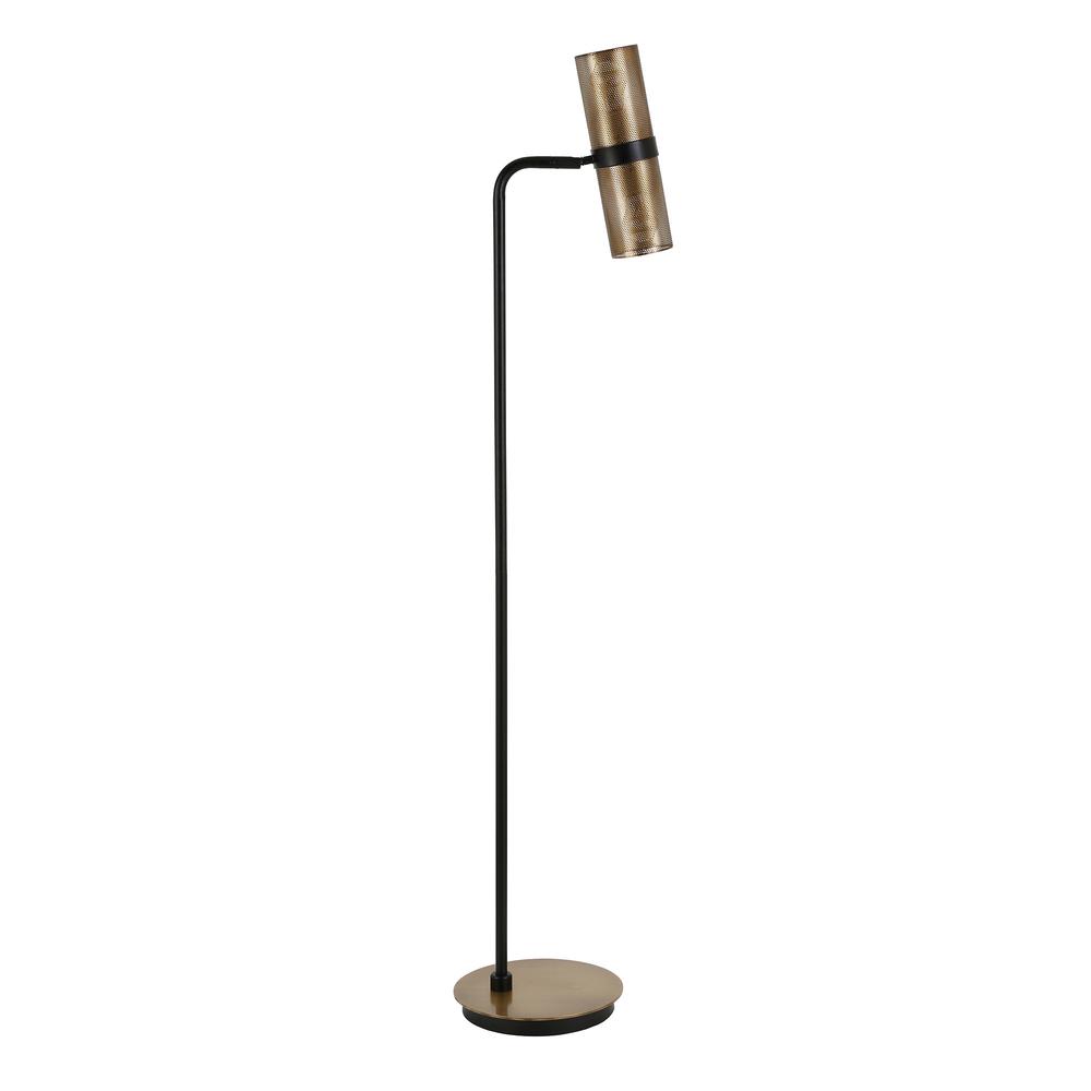 62" Black Reading Floor Lamp With Brass Drum Shade. Picture 1