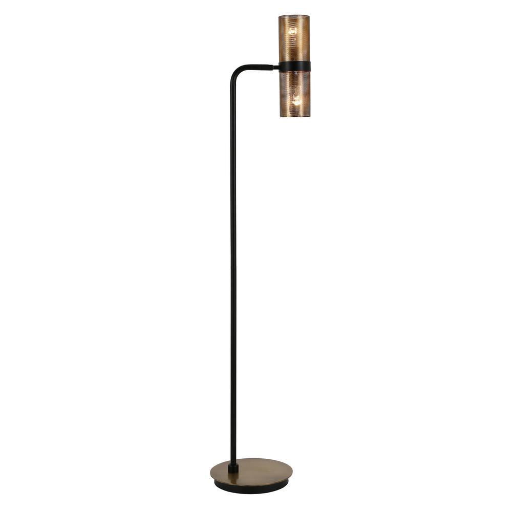 62" Black Reading Floor Lamp With Brass Drum Shade. Picture 2