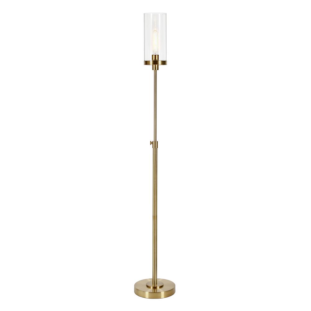 66" Brass Torchiere Floor Lamp With Clear Transparent Glass Drum Shade. Picture 2