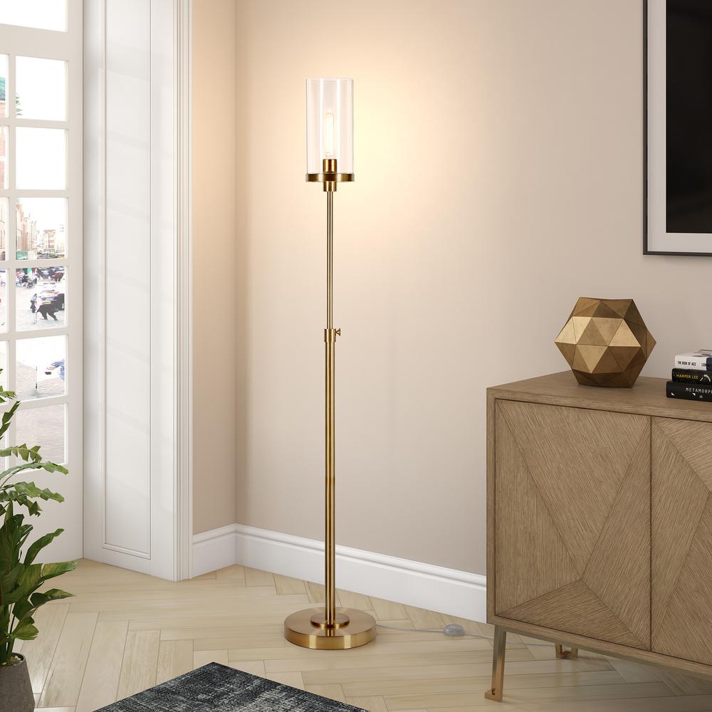 66" Brass Torchiere Floor Lamp With Clear Transparent Glass Drum Shade. Picture 6