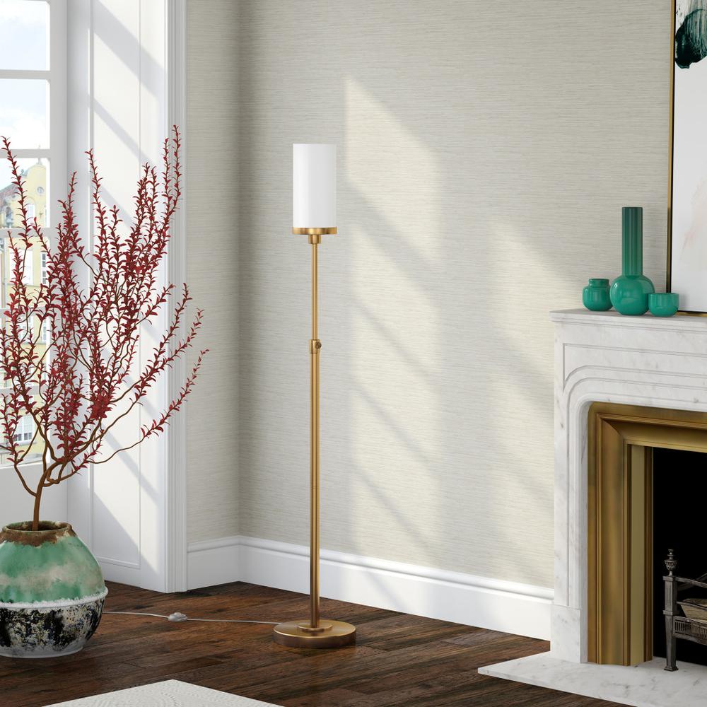 66" Brass Torchiere Floor Lamp With White Frosted Glass Drum Shade. Picture 6