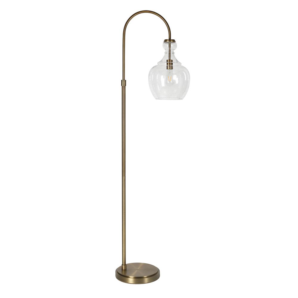70" Brass Arched Floor Lamp With Clear Seeded Glass Dome Shade. Picture 1
