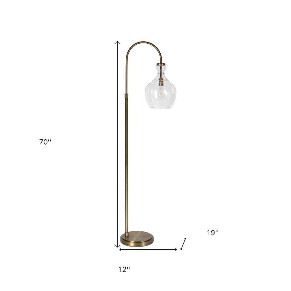 70" Brass Arched Floor Lamp With Clear Seeded Glass Dome Shade. Picture 7