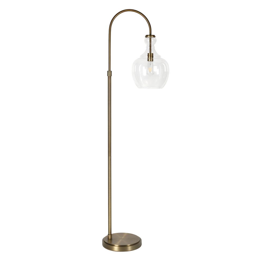 70" Brass Arched Floor Lamp With Clear Transparent Glass Dome Shade. Picture 1