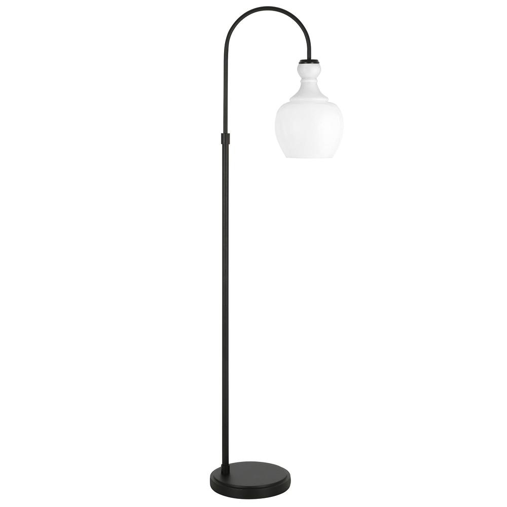 70" Black Arched Floor Lamp With White Frosted Glass Dome Shade. Picture 1