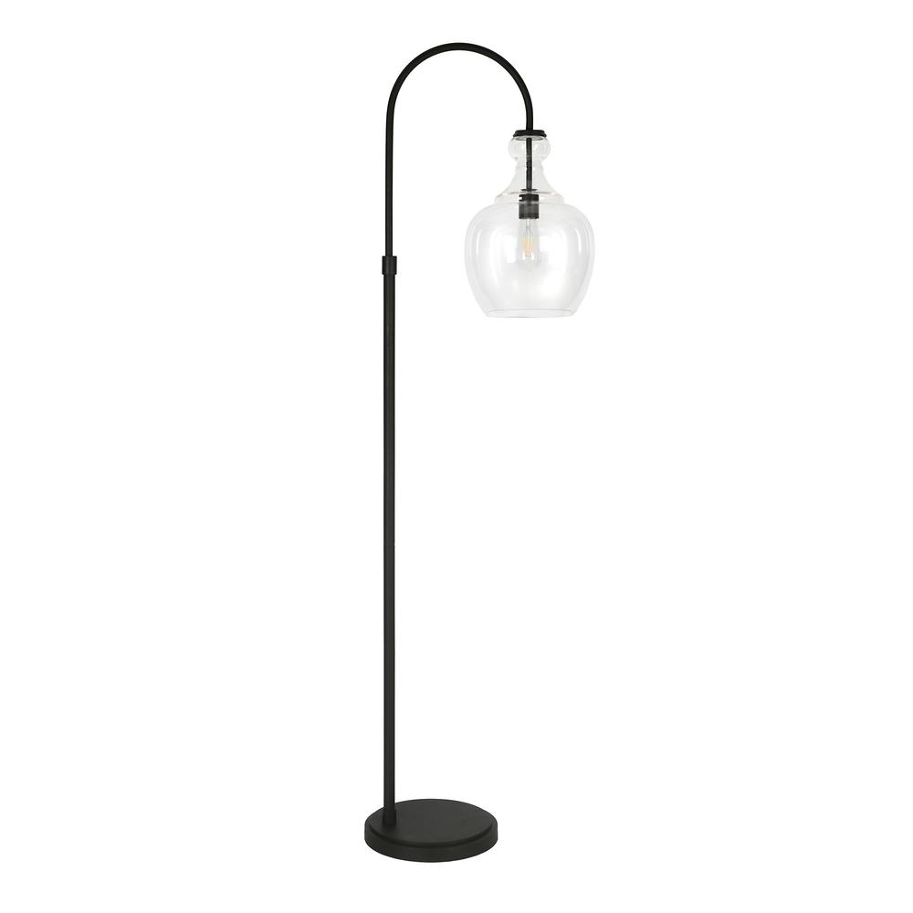 70" Black Arched Floor Lamp With Clear Transparent Glass Dome Shade. Picture 1