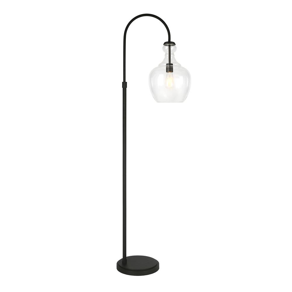 70" Black Arched Floor Lamp With Clear Transparent Glass Dome Shade. Picture 2