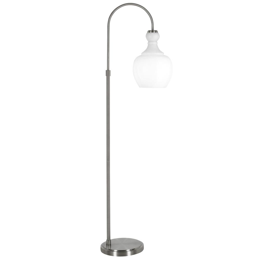 70" Nickel Arched Floor Lamp With White Frosted Glass Dome Shade. Picture 1