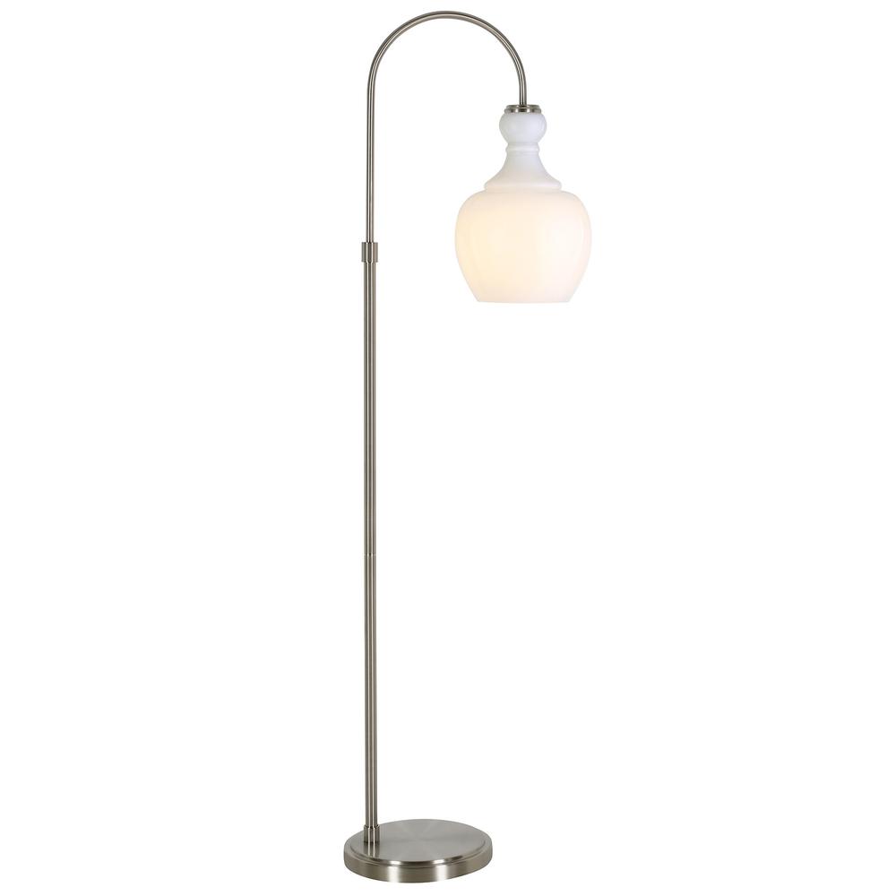 70" Nickel Arched Floor Lamp With White Frosted Glass Dome Shade. Picture 3