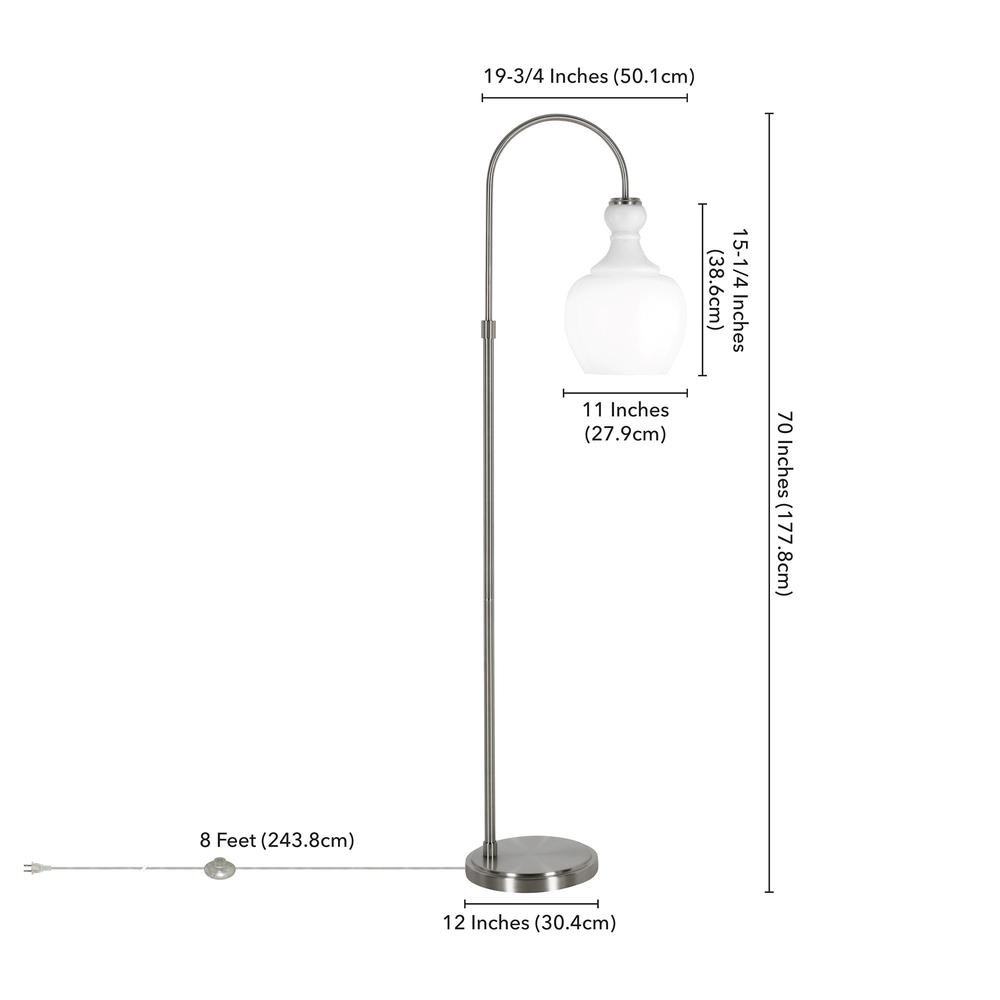 70" Nickel Arched Floor Lamp With White Frosted Glass Dome Shade. Picture 8