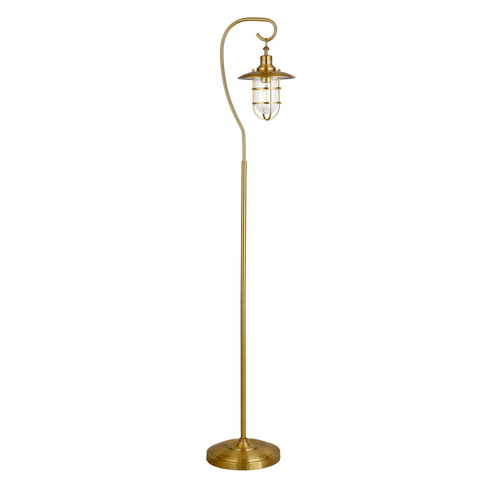 63" Brass Arched Floor Lamp With Clear Transparent Glass Globe Shade. Picture 1