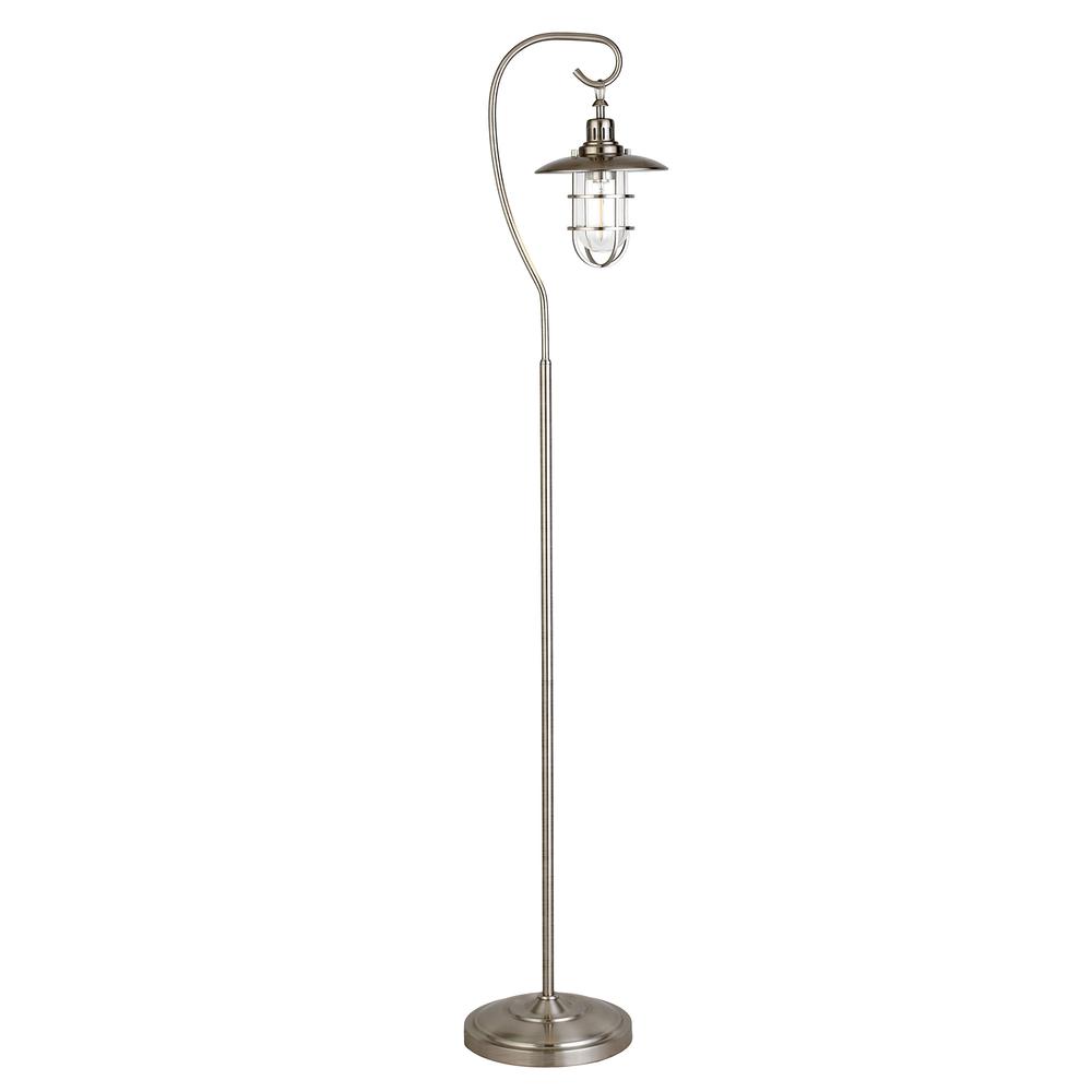 63" Nickel Arched Floor Lamp With Clear Transparent Glass Globe Shade. Picture 1
