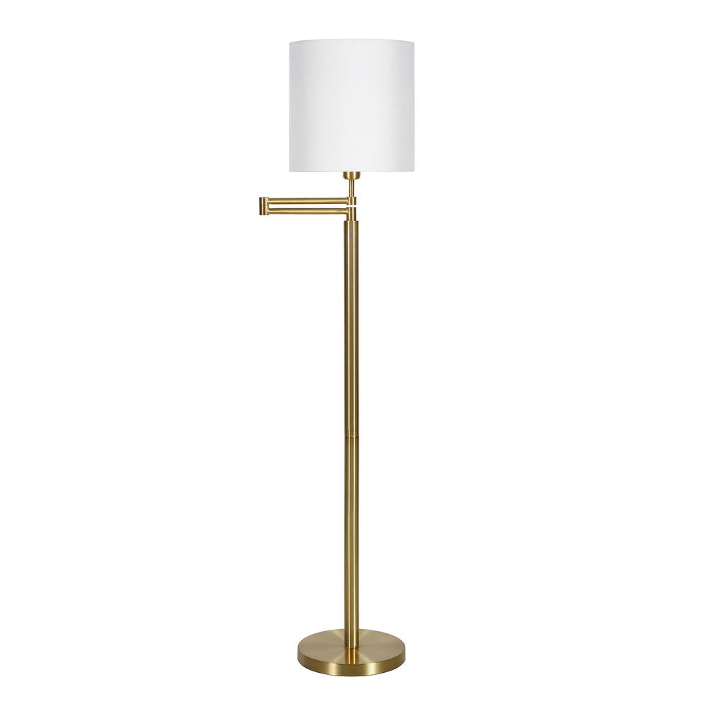 62" Brass Swing Arm Floor Lamp With White Frosted Glass Drum Shade. Picture 1