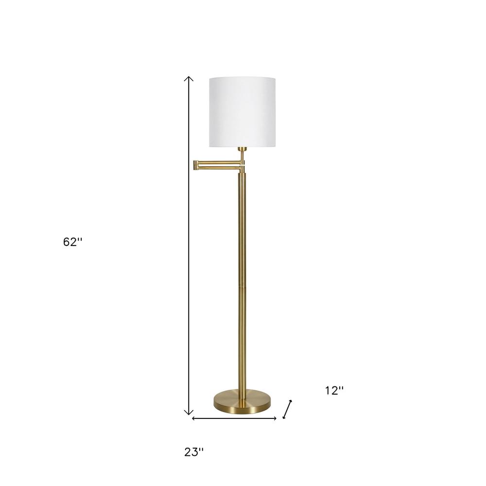 62" Brass Swing Arm Floor Lamp With White Frosted Glass Drum Shade. Picture 8
