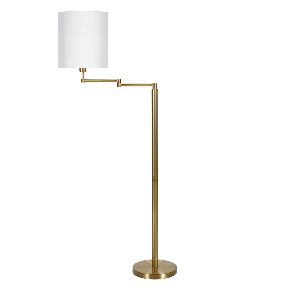 62" Brass Swing Arm Floor Lamp With White Frosted Glass Drum Shade. Picture 2