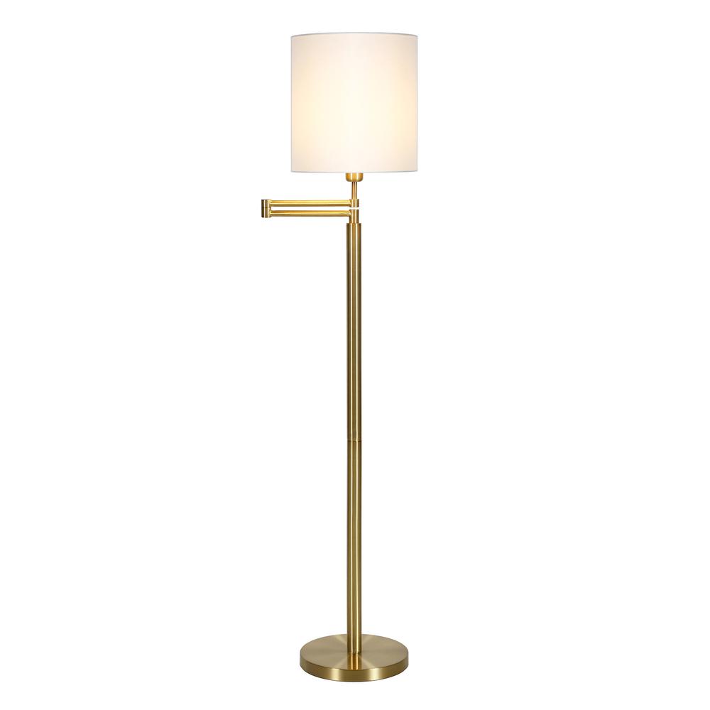 62" Brass Swing Arm Floor Lamp With White Frosted Glass Drum Shade. Picture 3