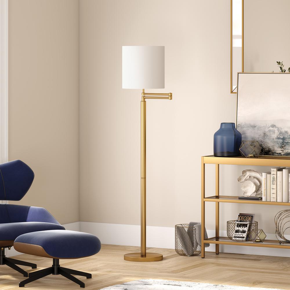 62" Brass Swing Arm Floor Lamp With White Frosted Glass Drum Shade. Picture 6