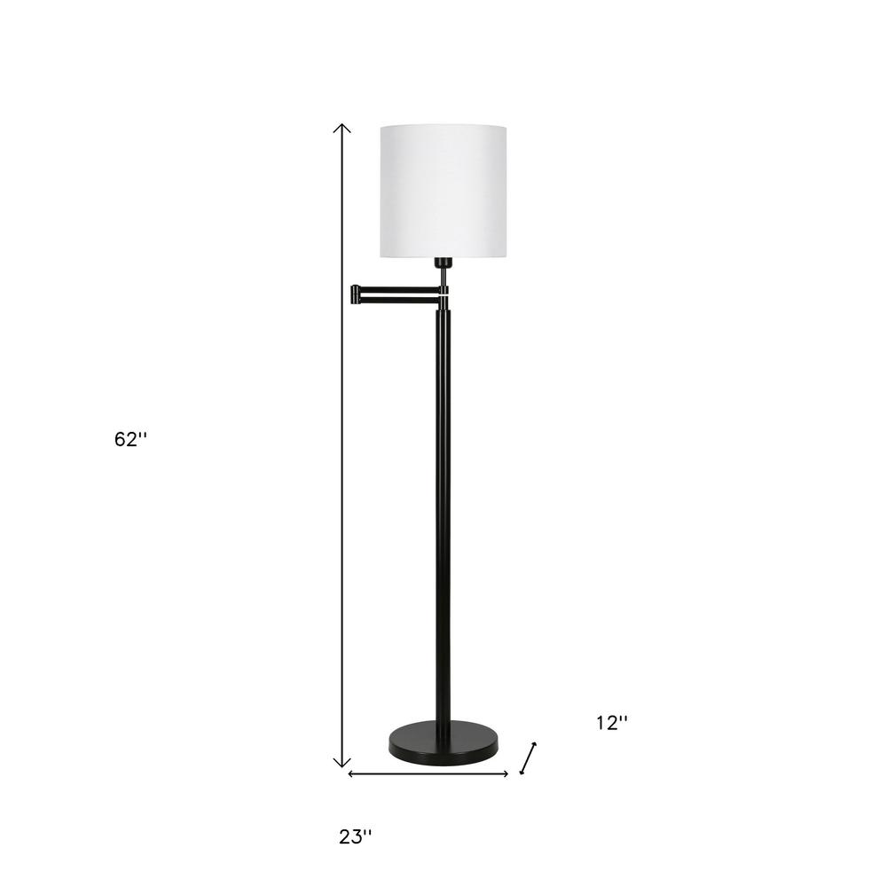 62" Black Swing Arm Floor Lamp With White Frosted Glass Drum Shade. Picture 7