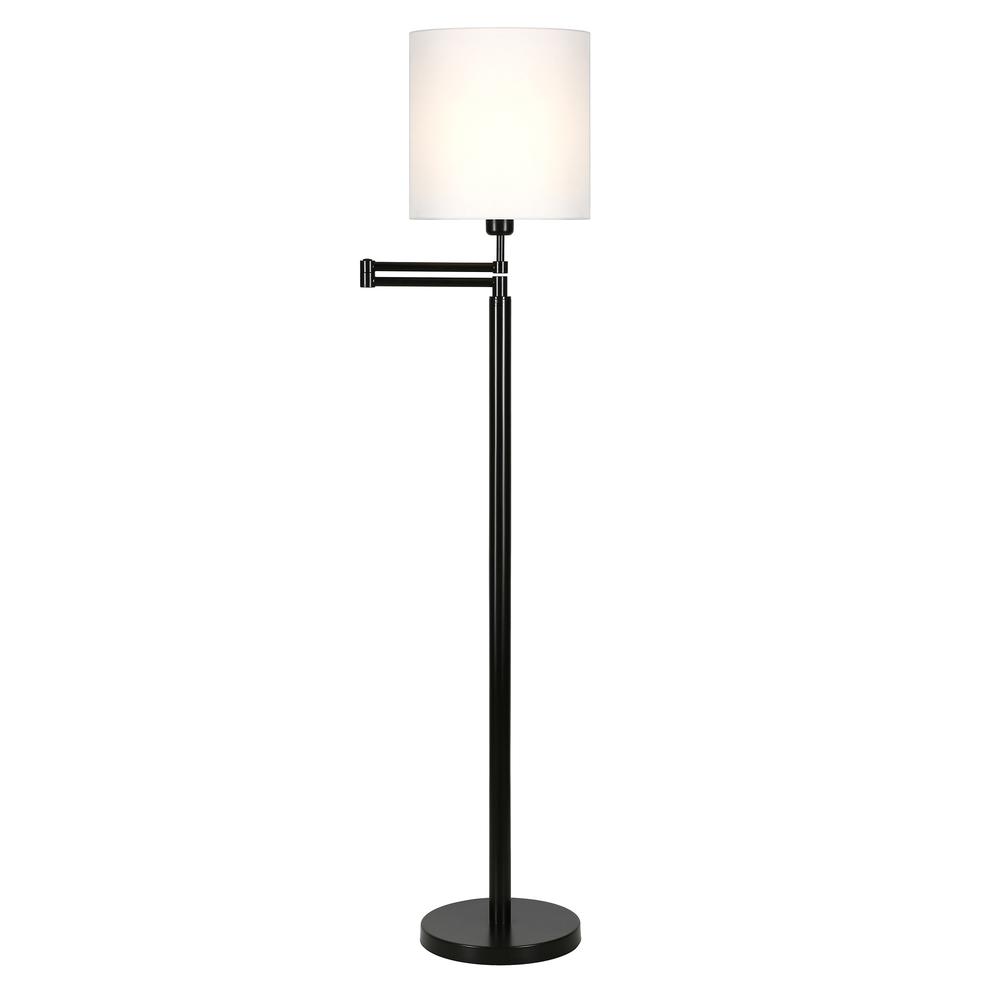 62" Black Swing Arm Floor Lamp With White Frosted Glass Drum Shade. Picture 2