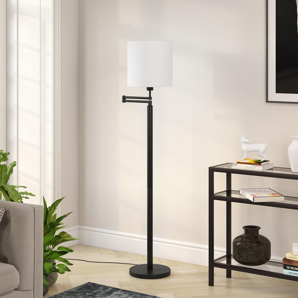 62" Black Swing Arm Floor Lamp With White Frosted Glass Drum Shade. Picture 5