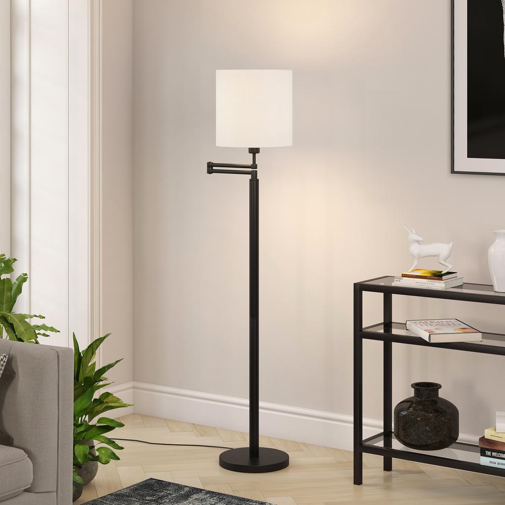 62" Black Swing Arm Floor Lamp With White Frosted Glass Drum Shade. Picture 6