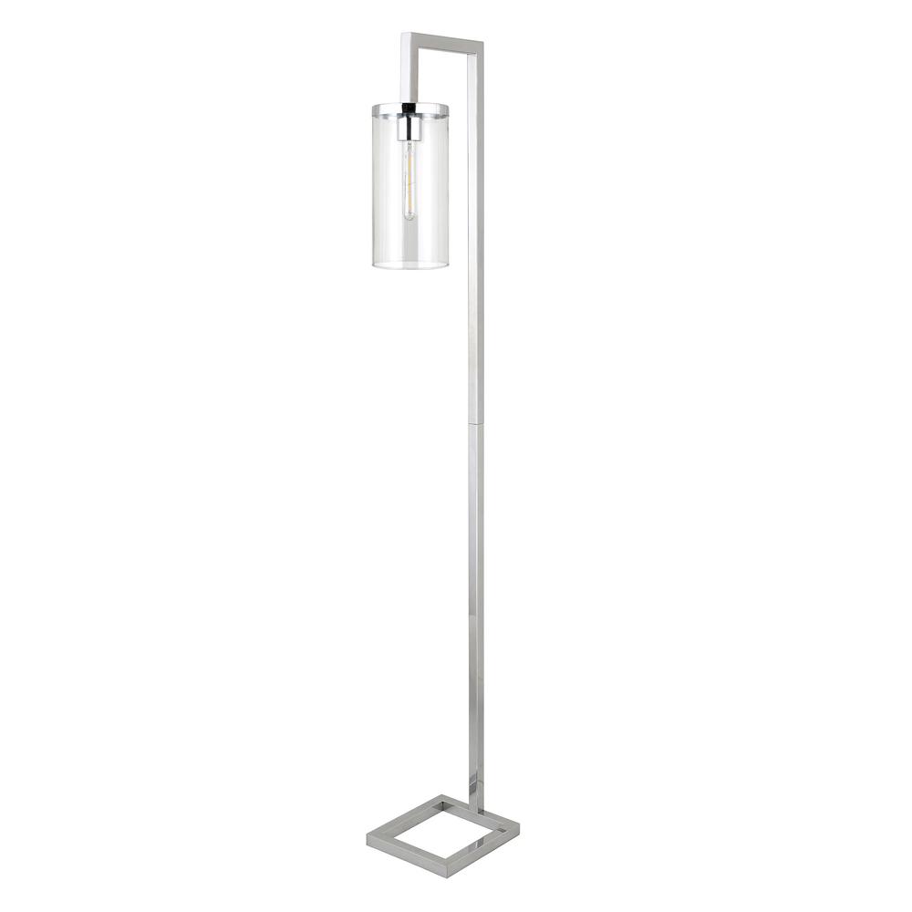 67" Nickel Reading Floor Lamp With Clear Transparent Glass Drum Shade. Picture 1