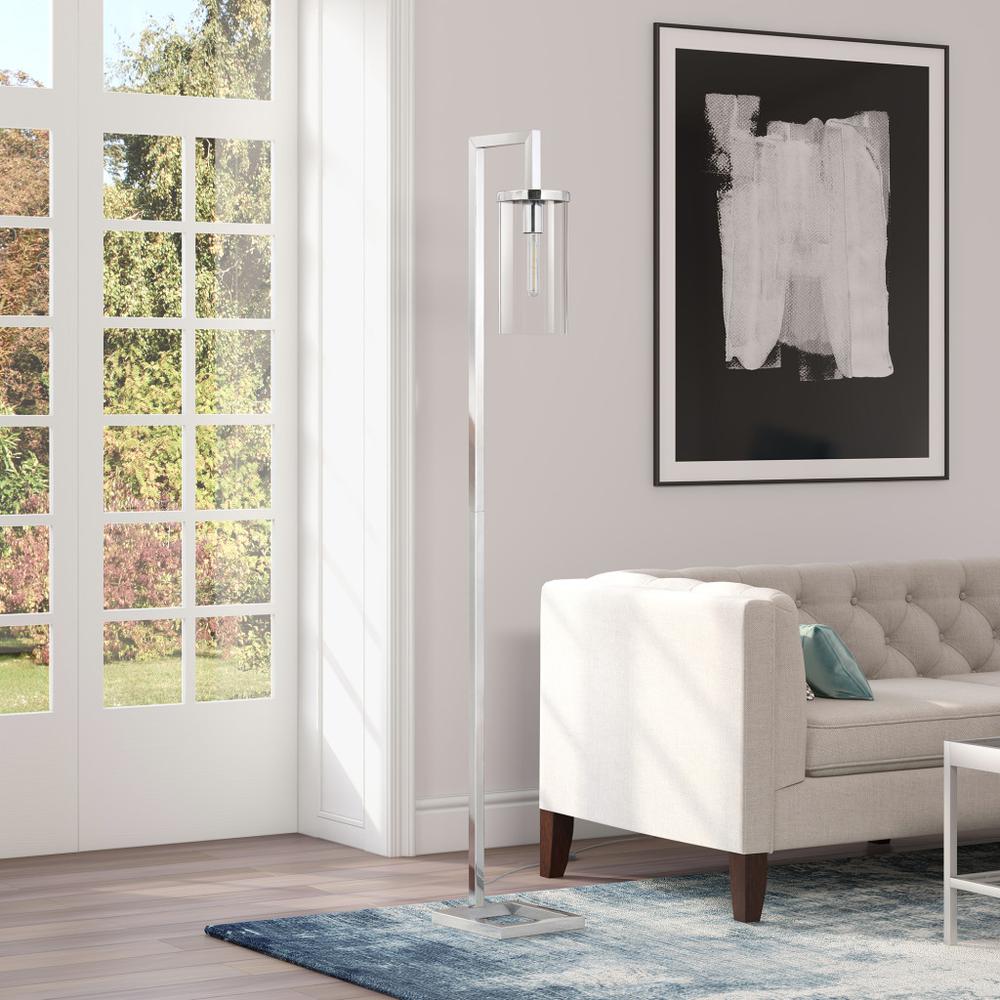 67" Nickel Reading Floor Lamp With Clear Transparent Glass Drum Shade. Picture 6