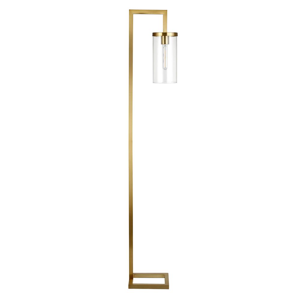 67" Brass Reading Floor Lamp With Clear Transparent Glass Drum Shade. Picture 1