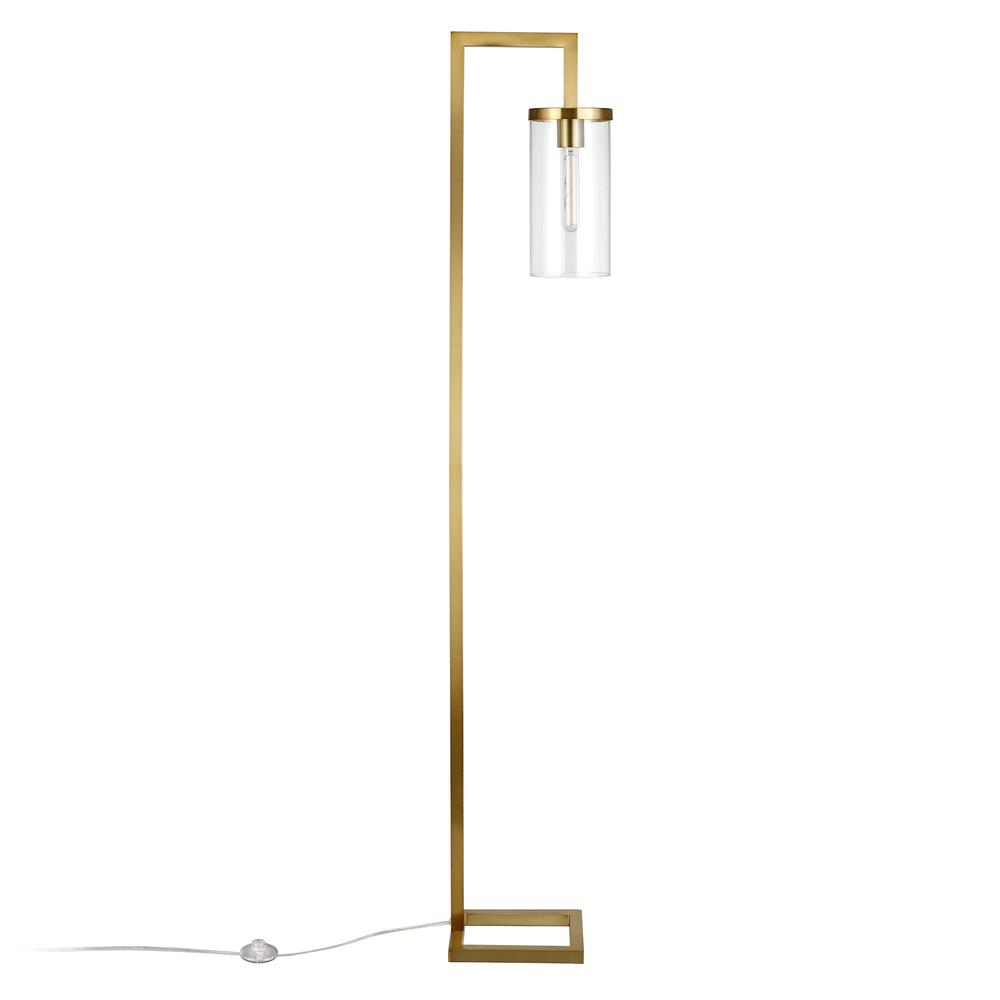 67" Brass Reading Floor Lamp With Clear Transparent Glass Drum Shade. Picture 2