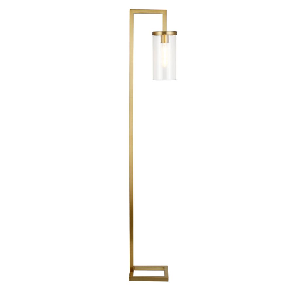 67" Brass Reading Floor Lamp With Clear Transparent Glass Drum Shade. Picture 3
