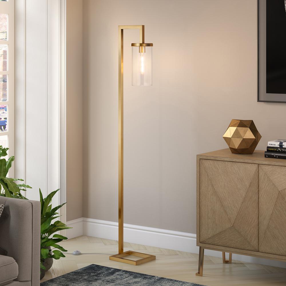 67" Brass Reading Floor Lamp With Clear Transparent Glass Drum Shade. Picture 7