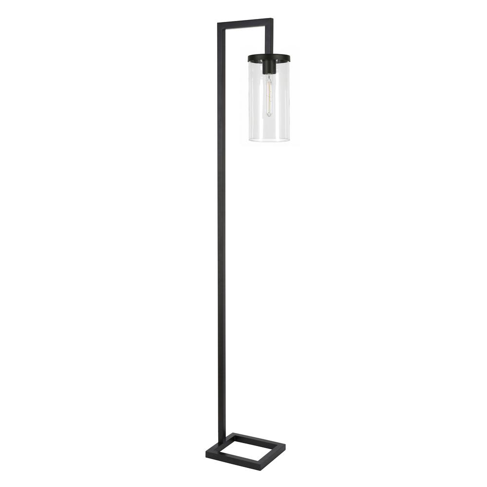 67" Black Reading Floor Lamp With Clear Transparent Glass Drum Shade. Picture 1