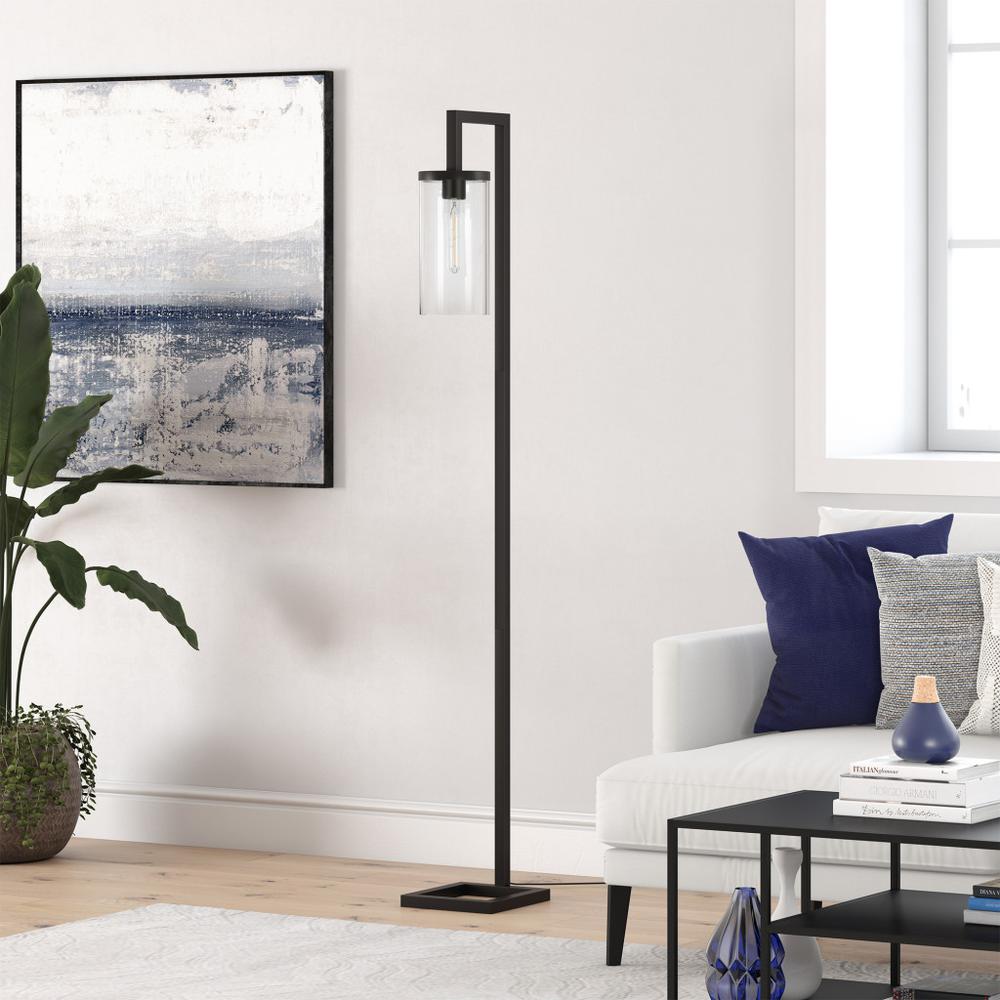67" Black Reading Floor Lamp With Clear Transparent Glass Drum Shade. Picture 7