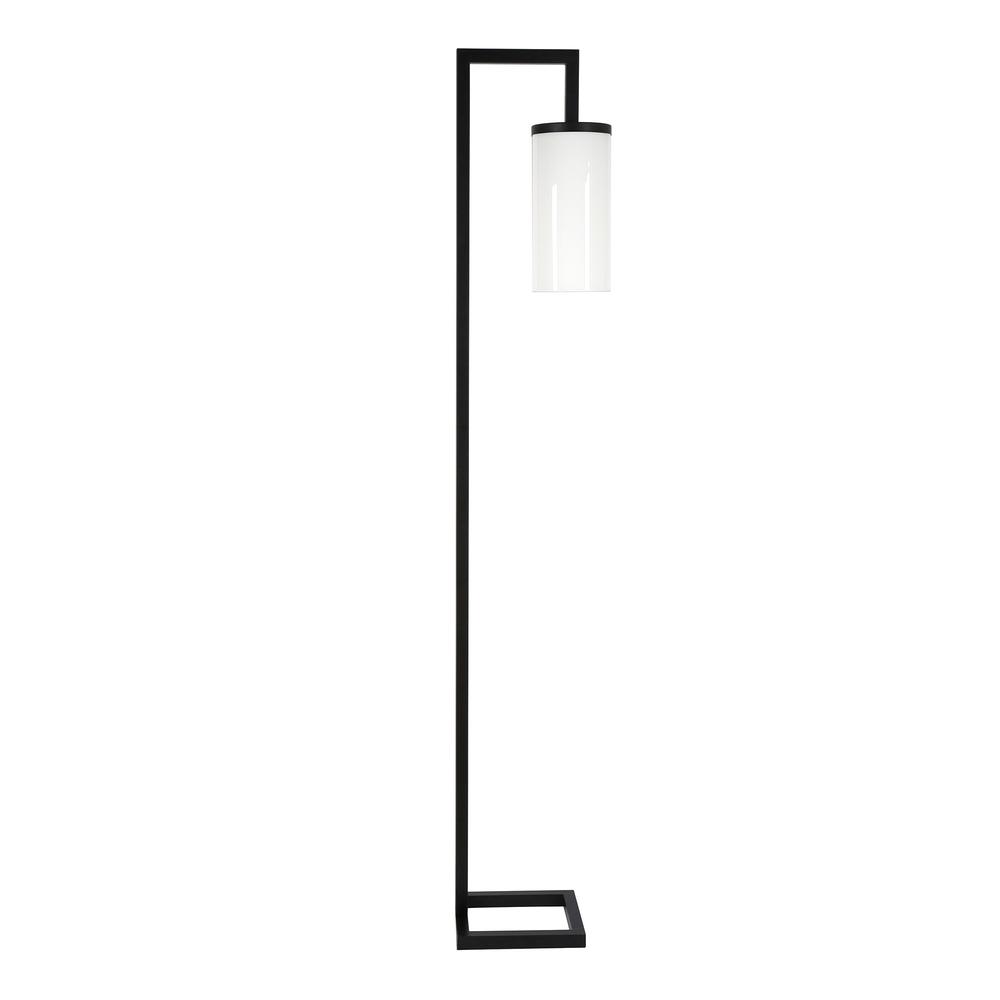 67" Black Reading Floor Lamp With White Frosted Glass Drum Shade. Picture 1