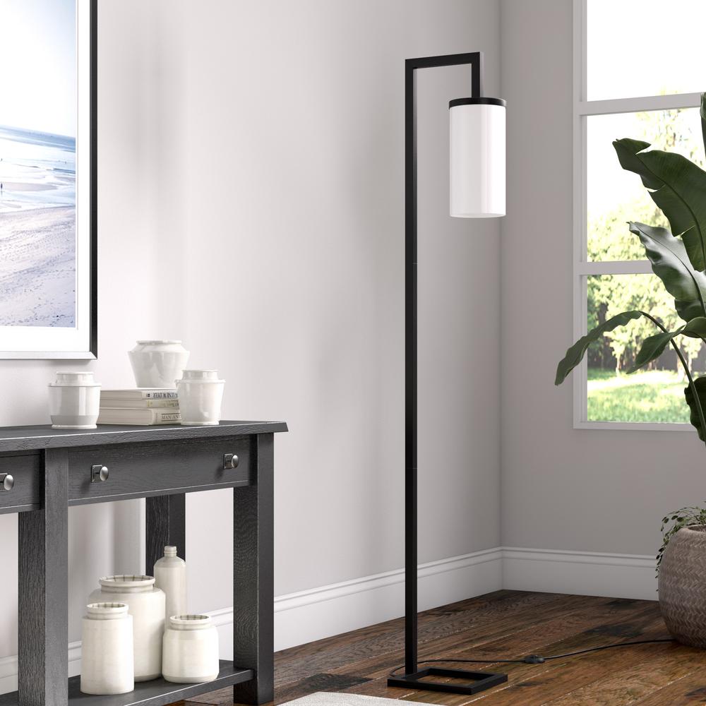 67" Black Reading Floor Lamp With White Frosted Glass Drum Shade. Picture 6