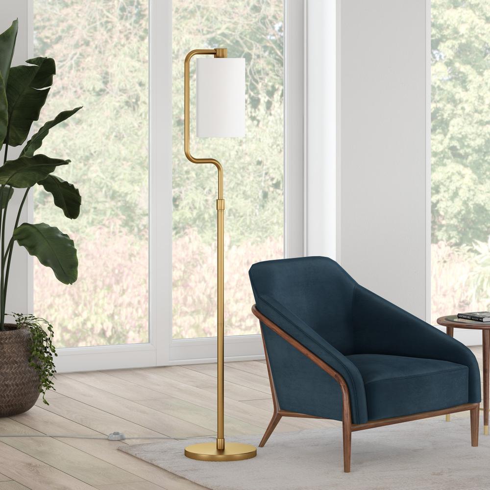62" Brass Reading Floor Lamp With White Frosted Glass Drum Shade. Picture 6