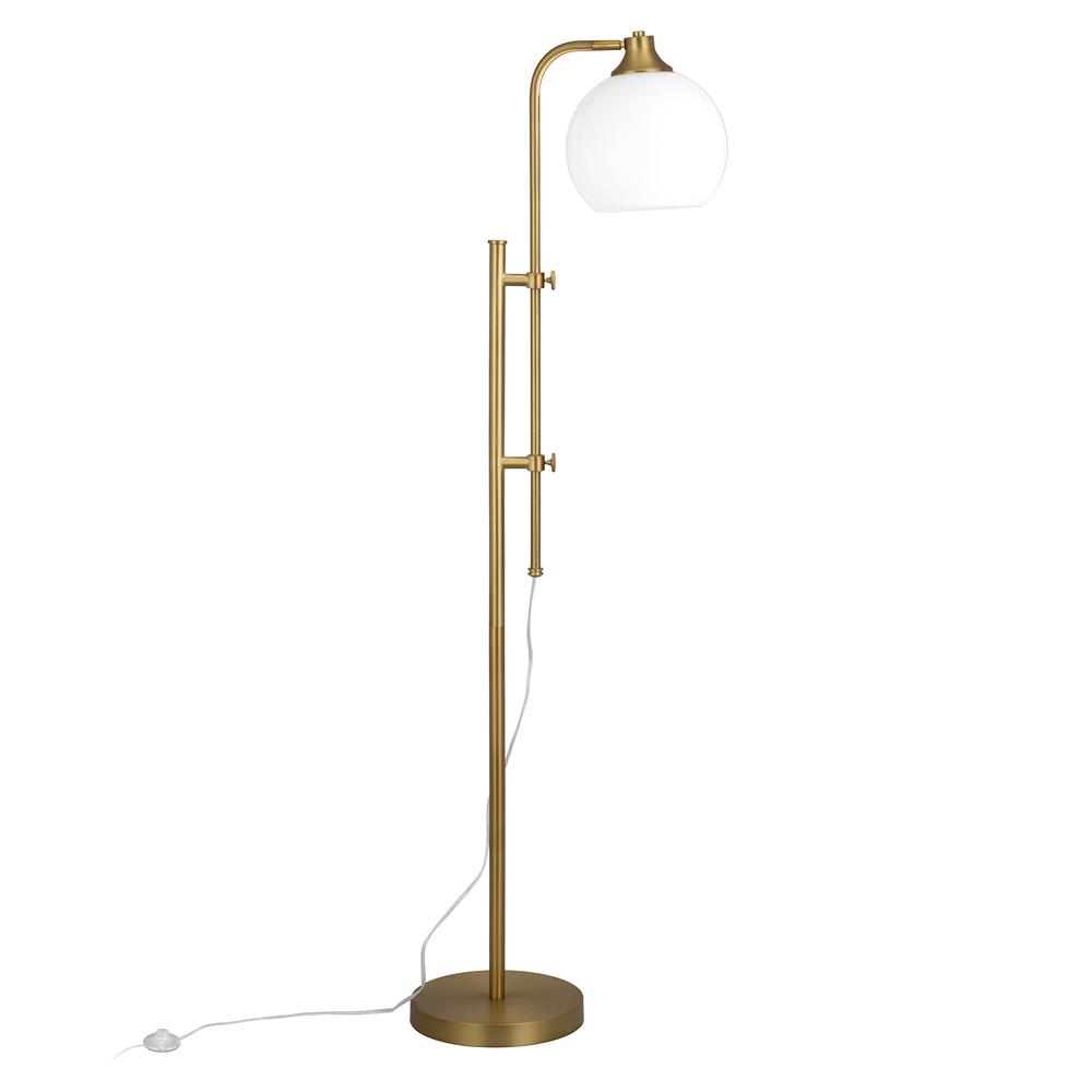 68" Brass Adjustable Reading Floor Lamp With White Frosted Glass Globe Shade. Picture 1