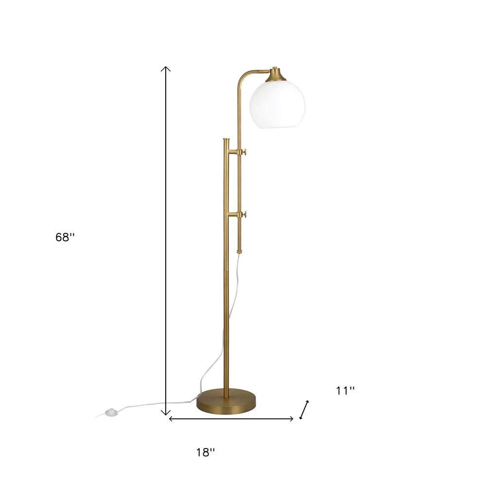68" Brass Adjustable Reading Floor Lamp With White Frosted Glass Globe Shade. Picture 8