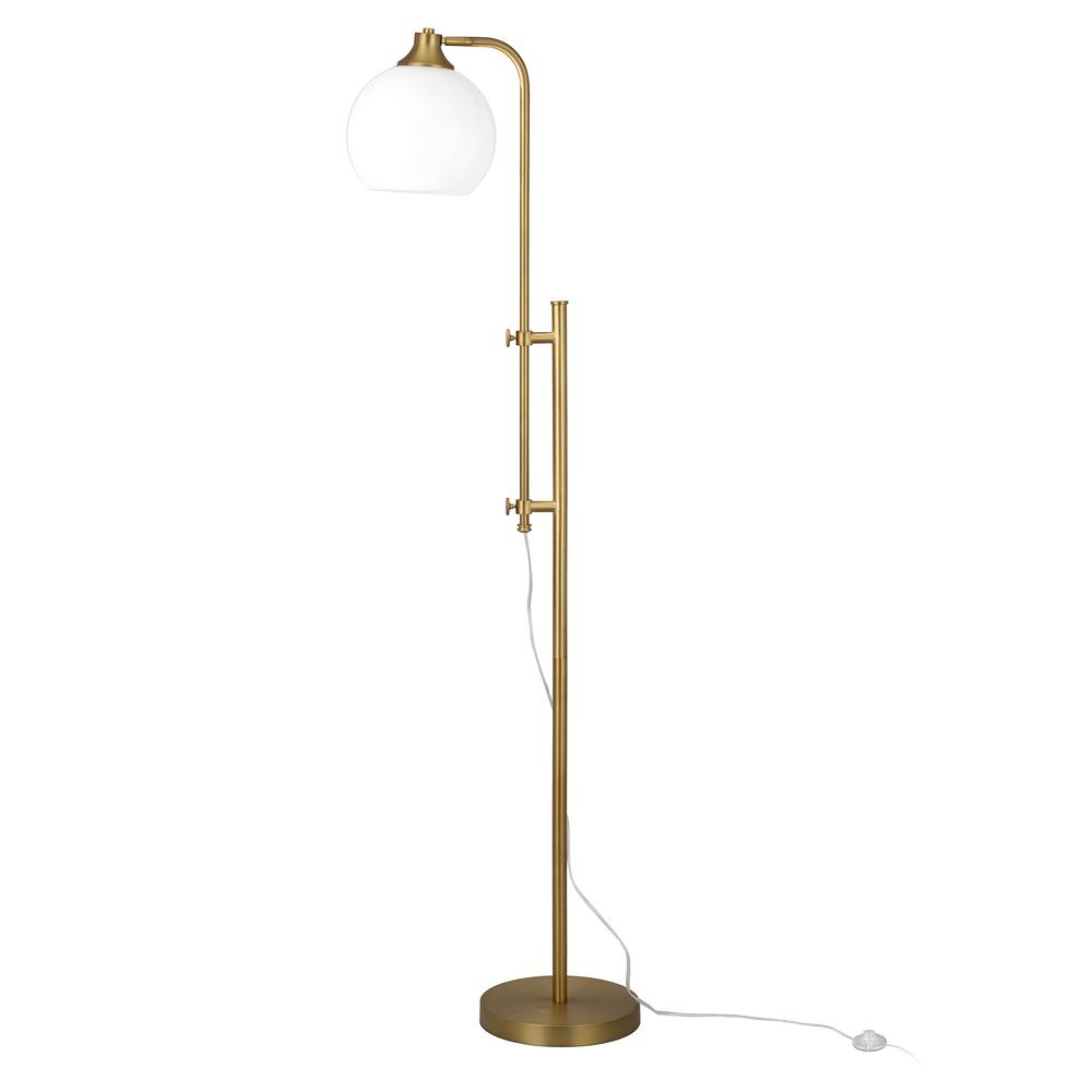 68" Brass Adjustable Reading Floor Lamp With White Frosted Glass Globe Shade. Picture 2