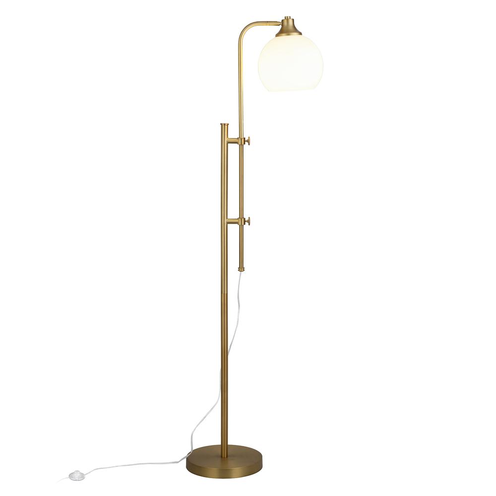 68" Brass Adjustable Reading Floor Lamp With White Frosted Glass Globe Shade. Picture 3