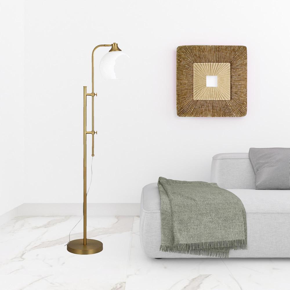 68" Brass Adjustable Reading Floor Lamp With White Frosted Glass Globe Shade. Picture 4