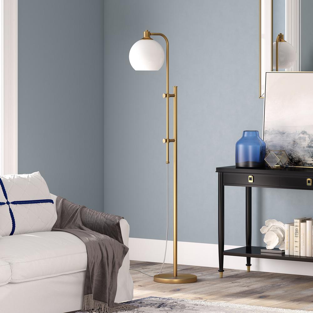 68" Brass Adjustable Reading Floor Lamp With White Frosted Glass Globe Shade. Picture 6