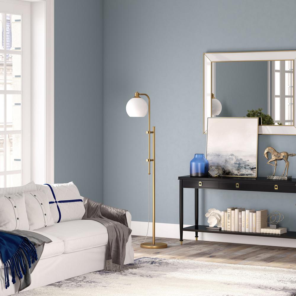 68" Brass Adjustable Reading Floor Lamp With White Frosted Glass Globe Shade. Picture 7