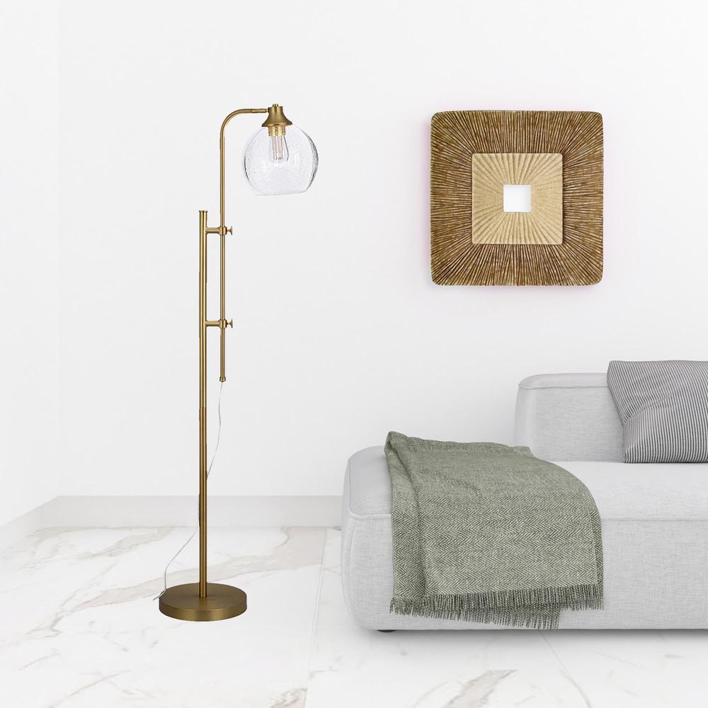 68" Brass Adjustable Reading Floor Lamp With Clear Seeded Glass Globe Shade. Picture 3