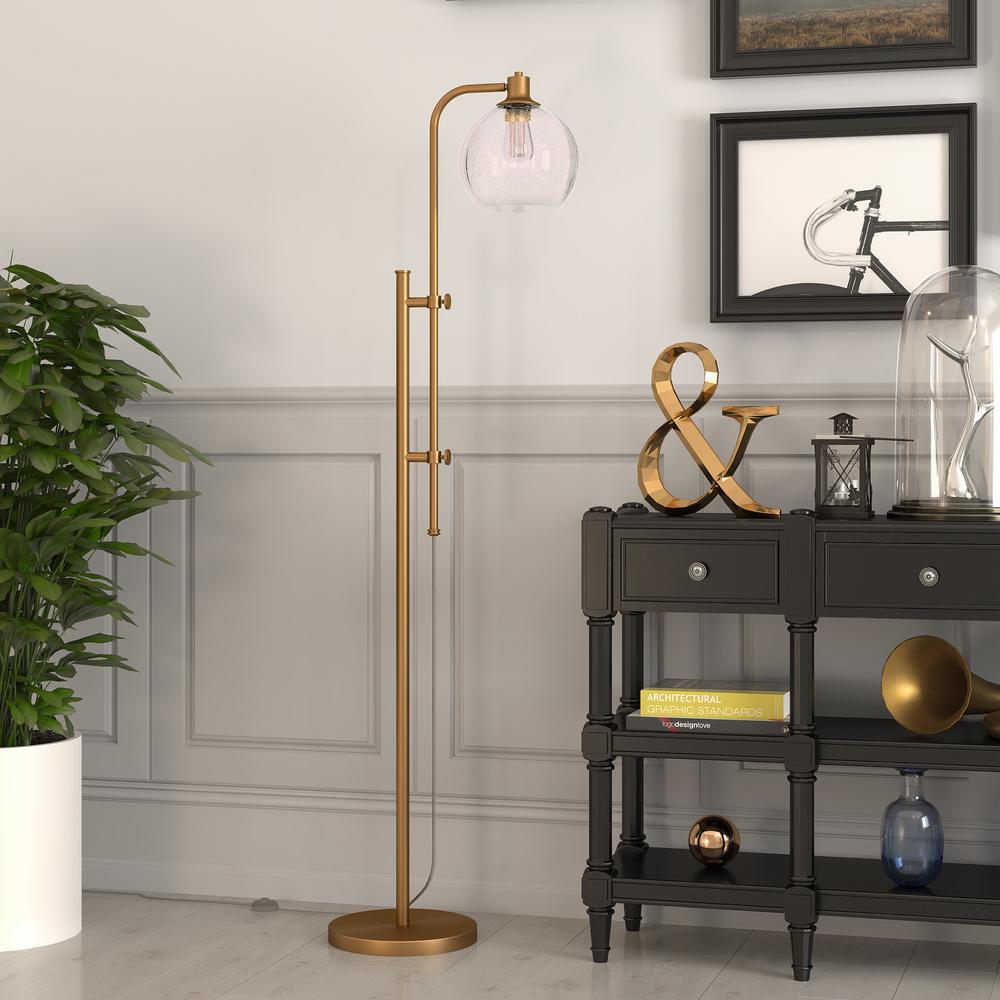 68" Brass Adjustable Reading Floor Lamp With Clear Seeded Glass Globe Shade. Picture 5