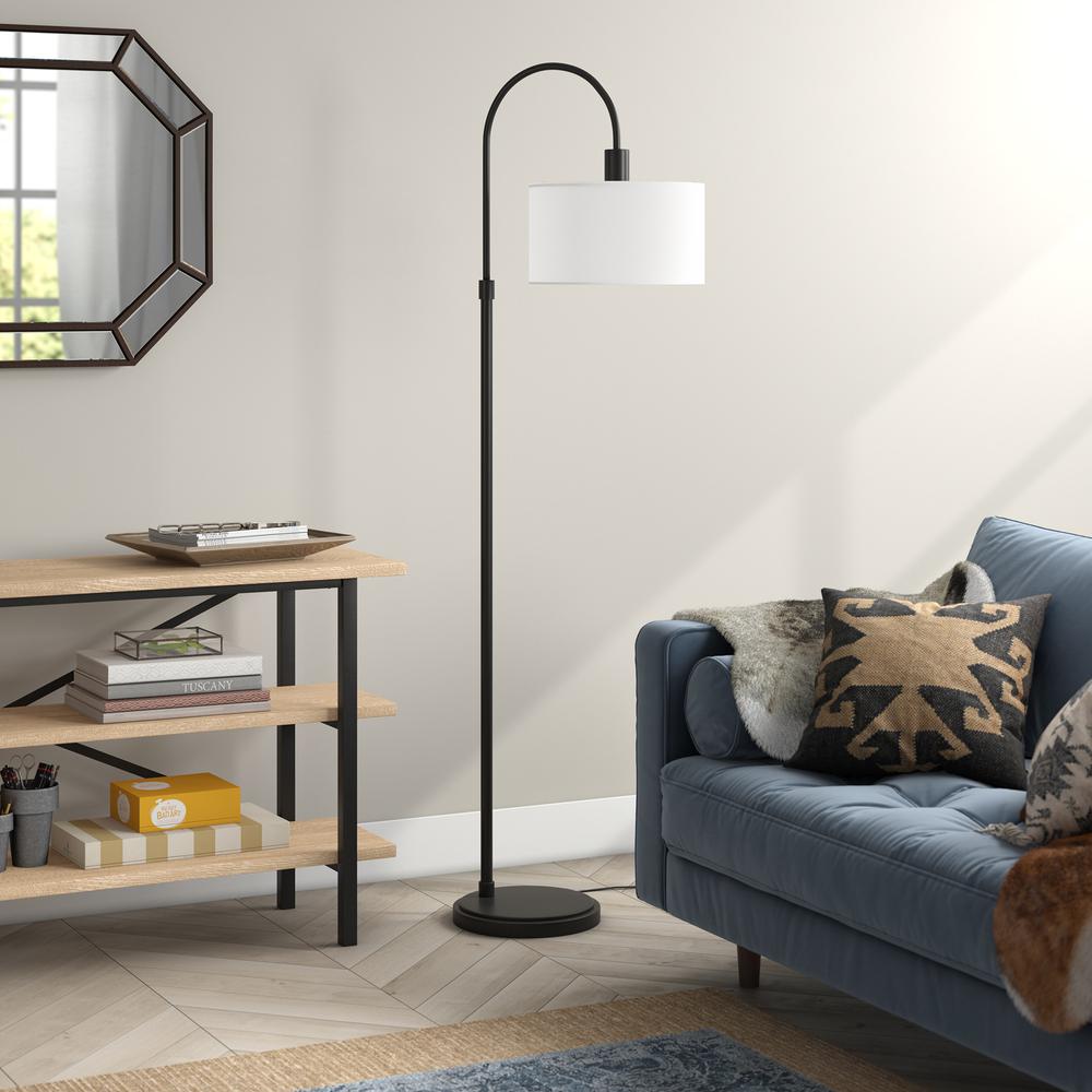 70" Black Arched Floor Lamp With White Frosted Glass Drum Shade. Picture 6