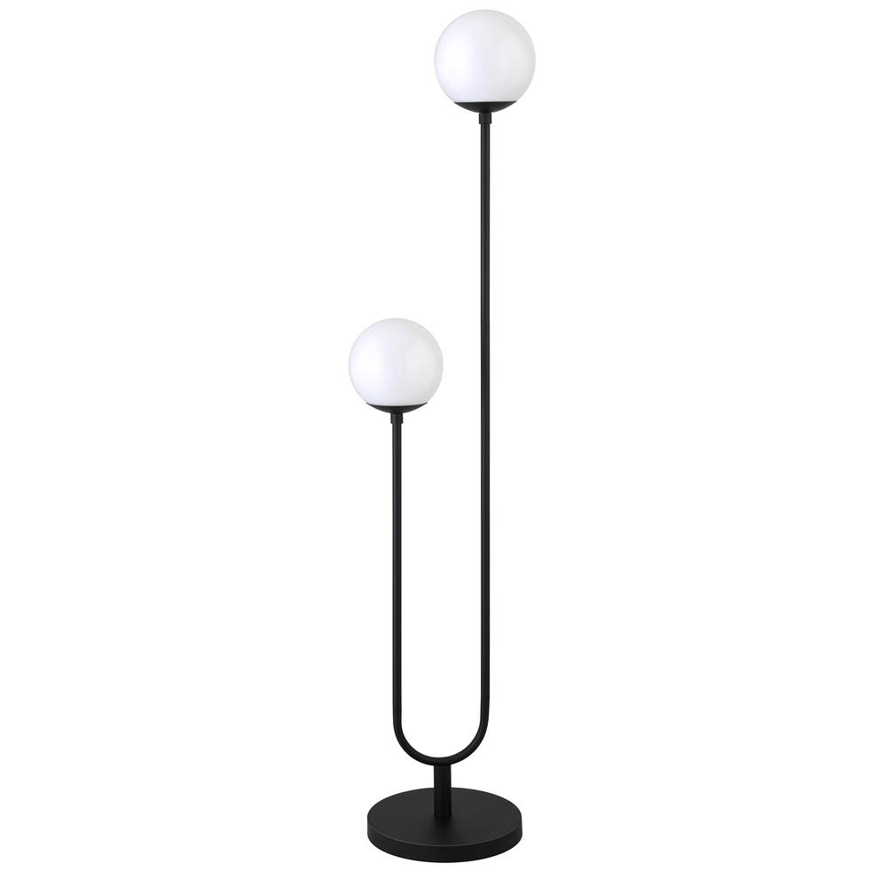 69" Black Two Light Novelty Floor Lamp With White Frosted Glass Globe Shade. Picture 1