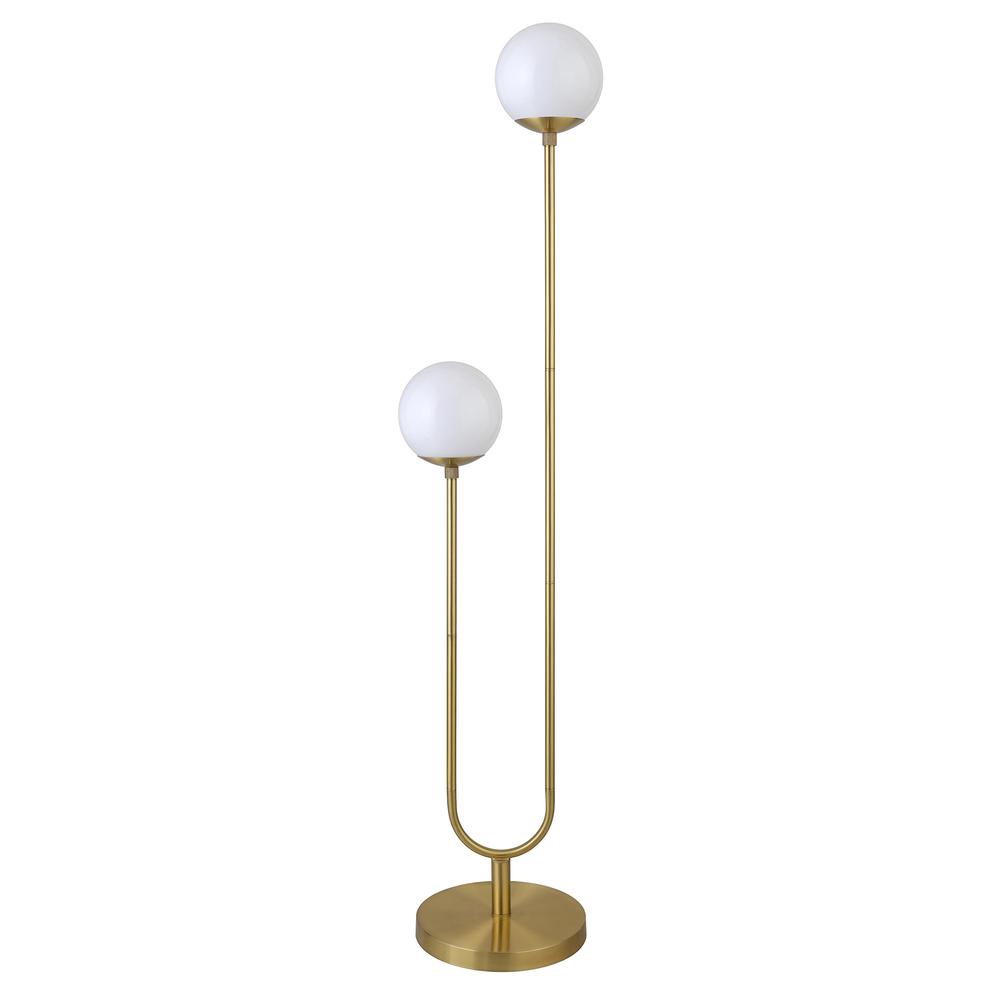 69" Brass Two Light Novelty Floor Lamp With White Frosted Glass Globe Shade. Picture 1