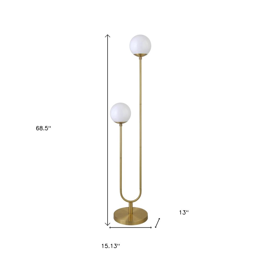 69" Brass Two Light Novelty Floor Lamp With White Frosted Glass Globe Shade. Picture 7
