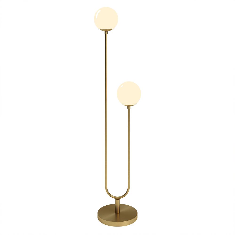 69" Brass Two Light Novelty Floor Lamp With White Frosted Glass Globe Shade. Picture 2